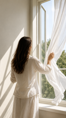 duración del ambientador — cortina moviéndose con el aire al ventilar una habitación
