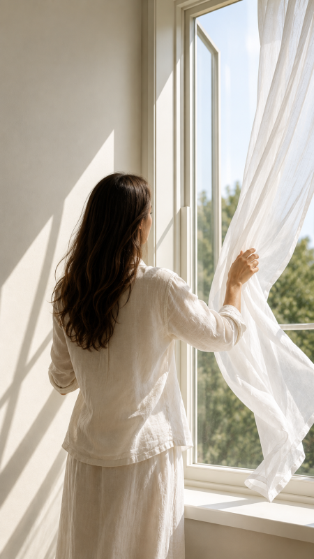 duración del ambientador — cortina moviéndose con el aire al ventilar una habitación